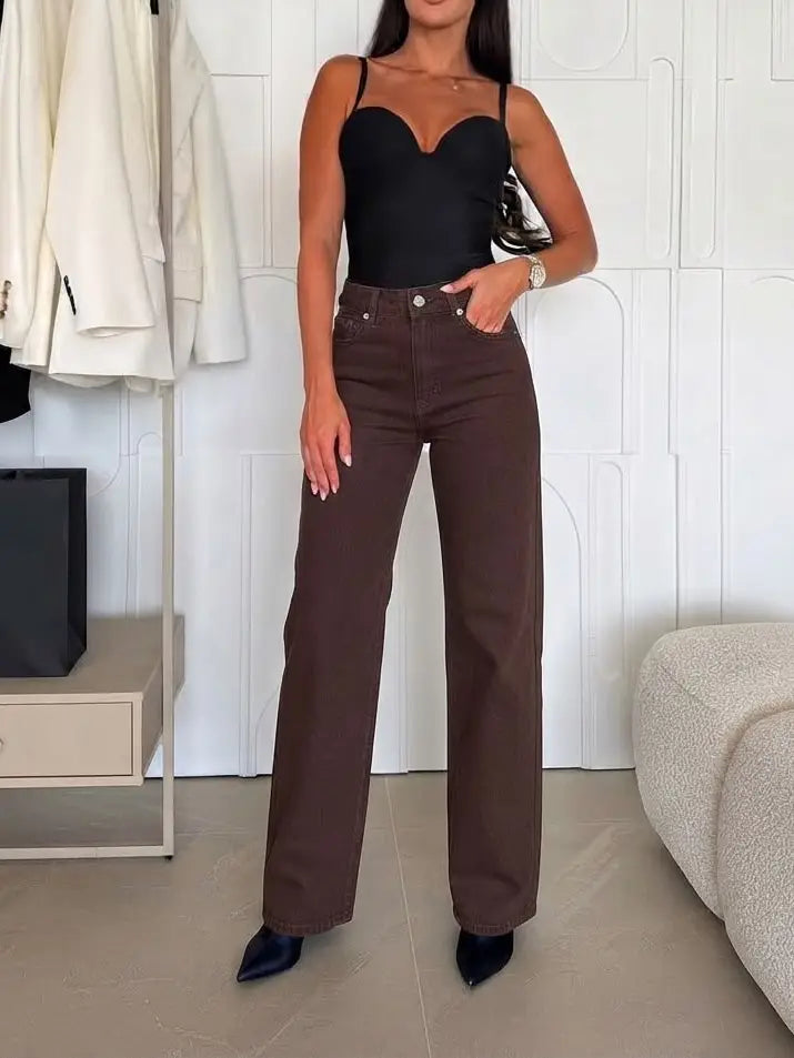 Brown Wide Leg Denim Jeans
