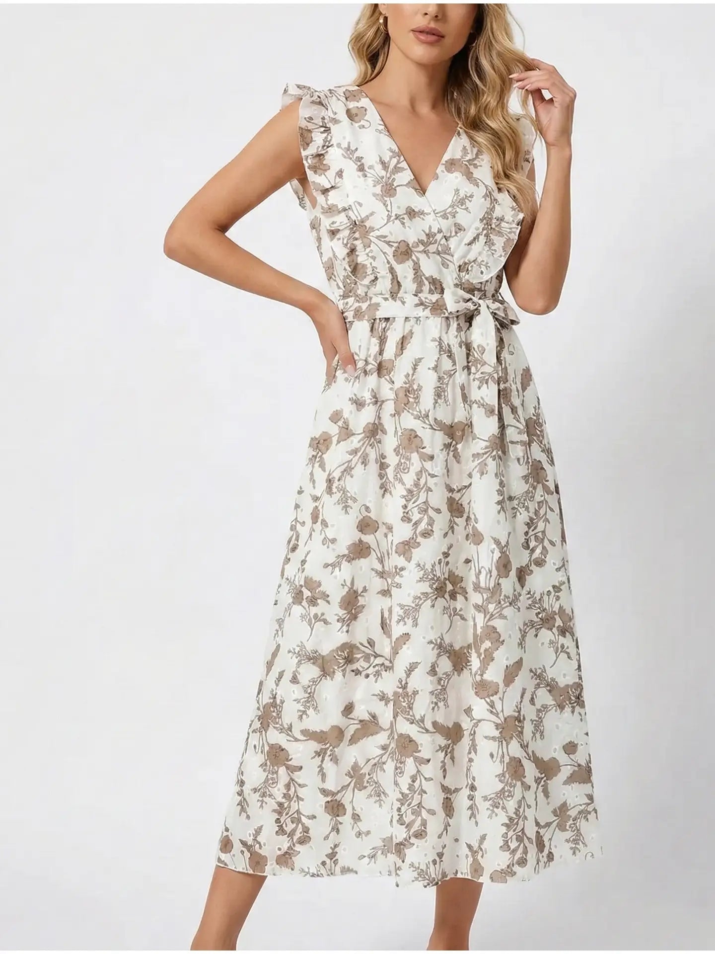 Taupe Floral Print Midi Dress