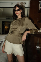 Khaki Belted Satin Blouse