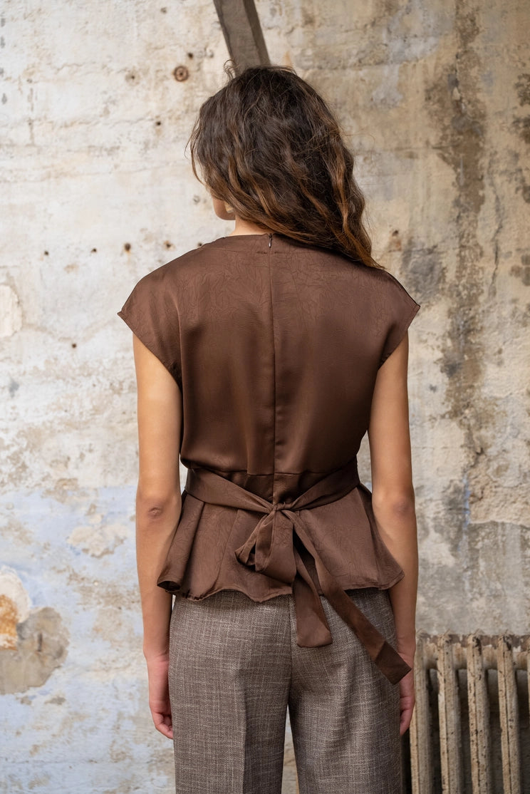 Brown Satin Belted Top