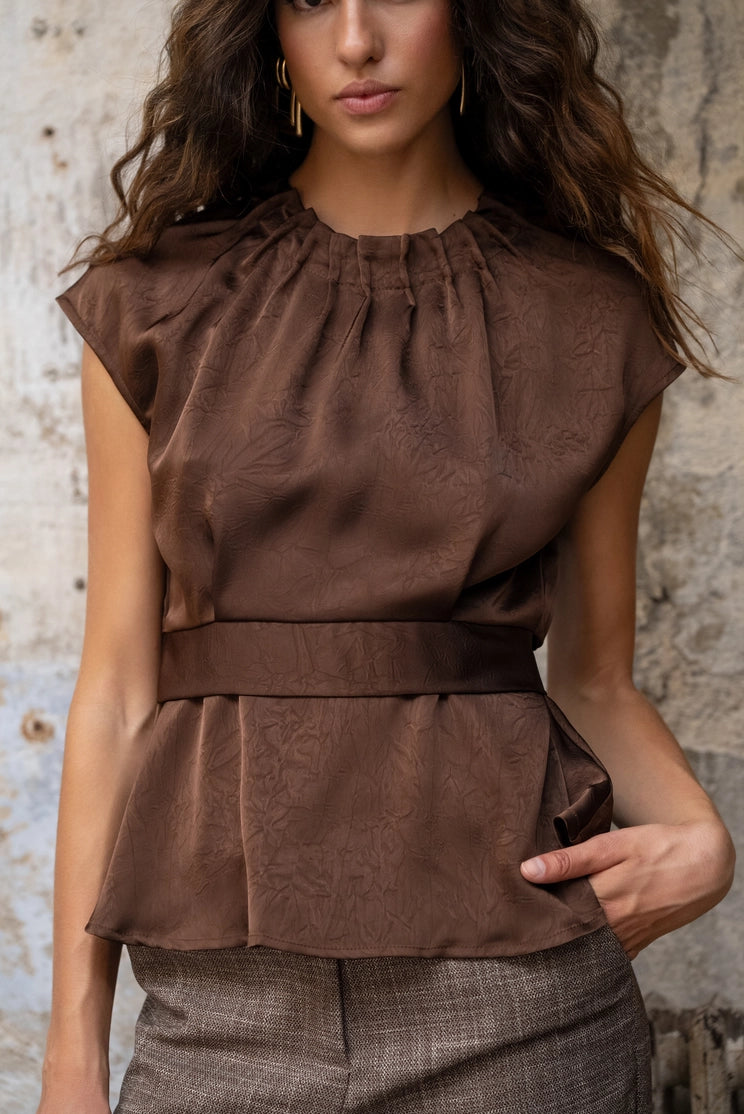 Brown Satin Belted Top