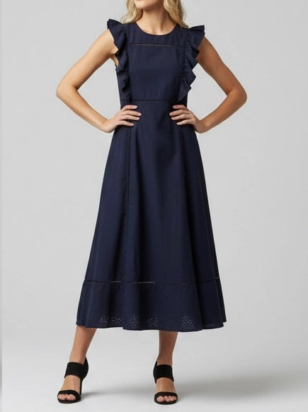 Navy Flared Ruffle Dress