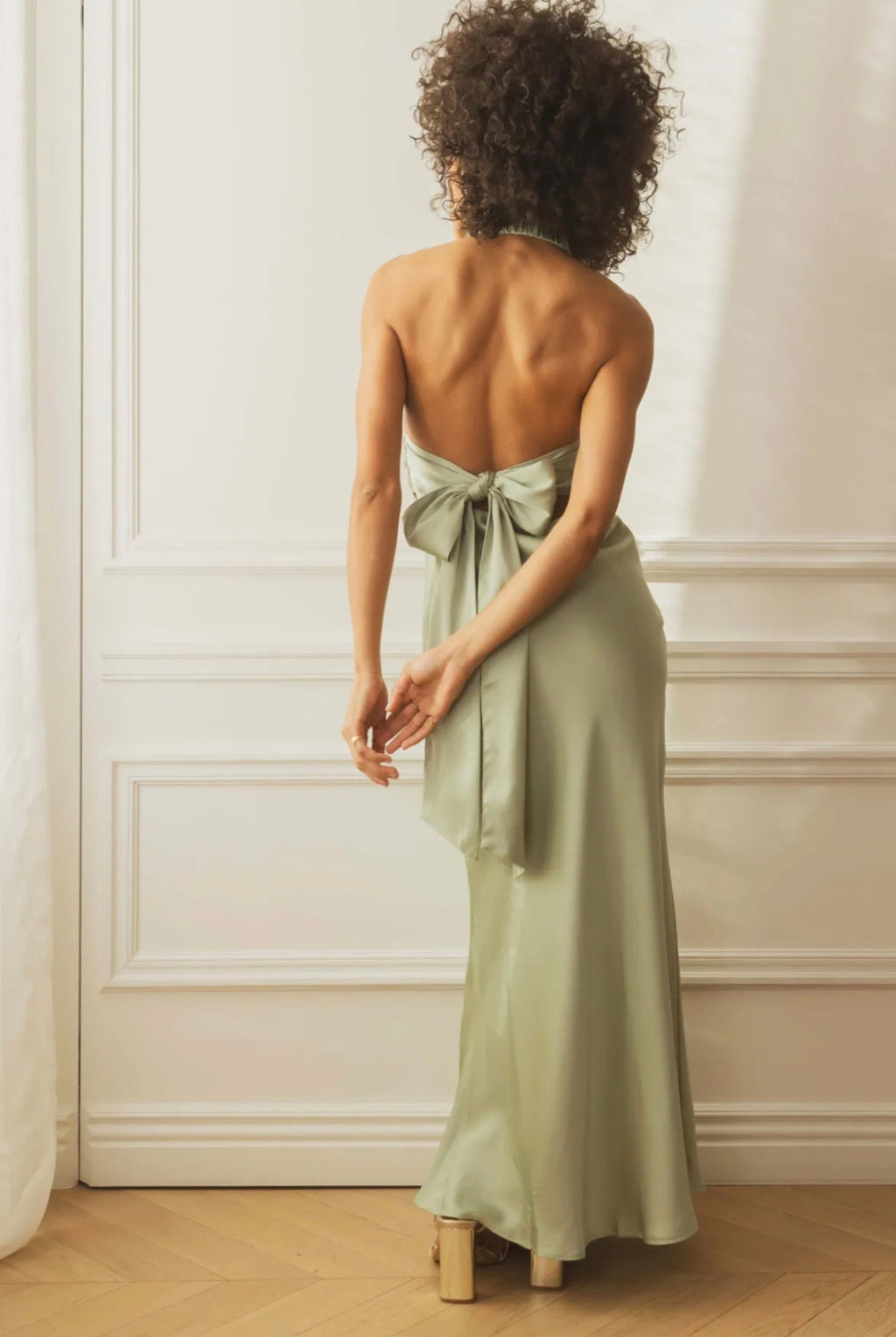 Sage Satin Halter Neck Dress