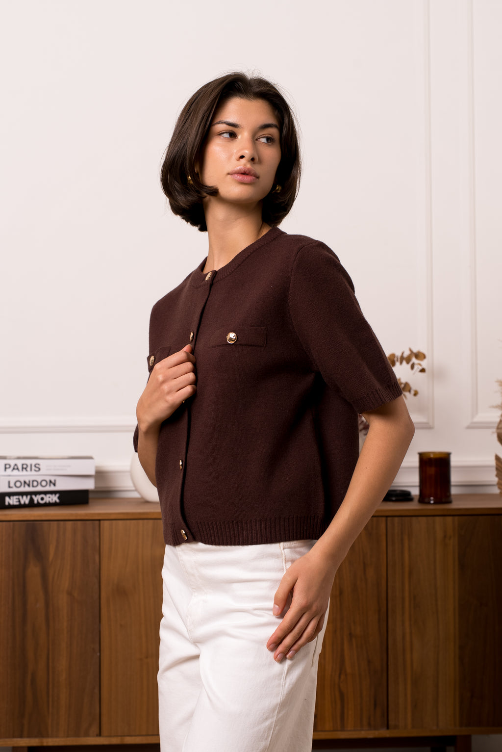 Coffee Buttoned Knit Top