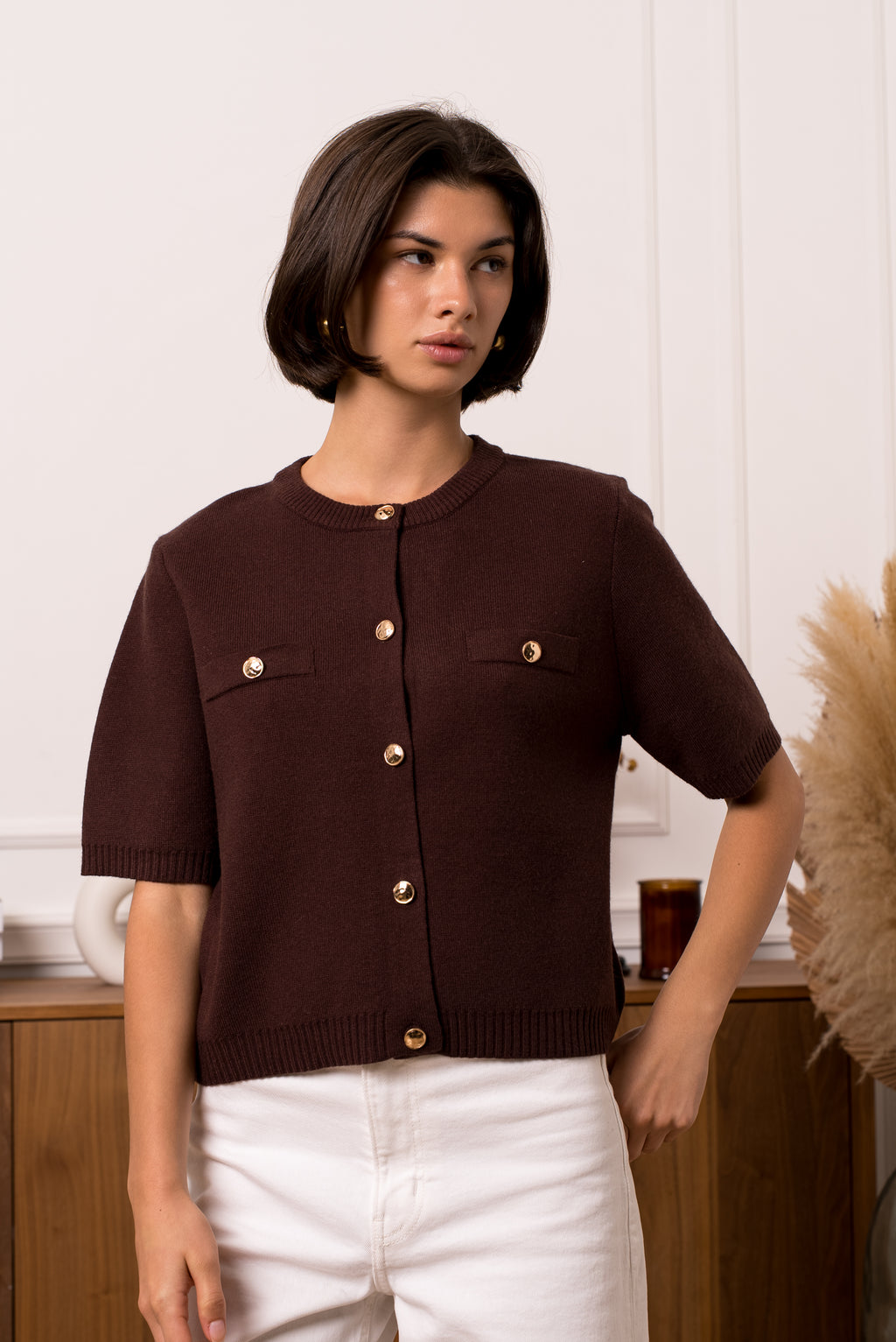 Coffee Buttoned Knit Top