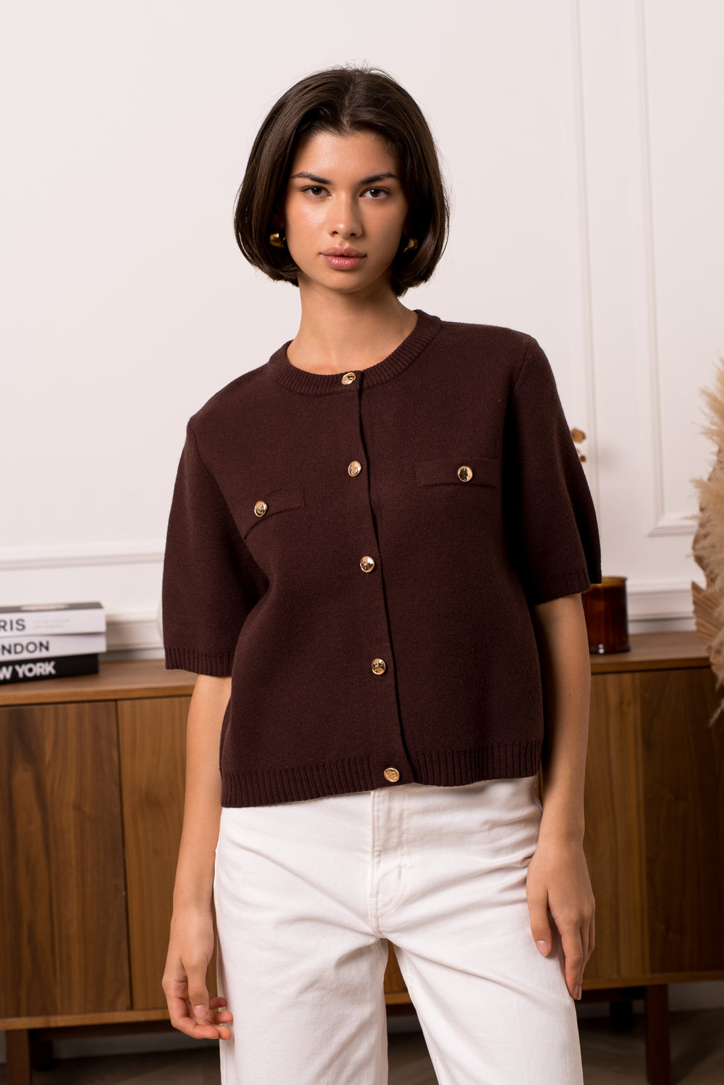 Coffee Buttoned Knit Top