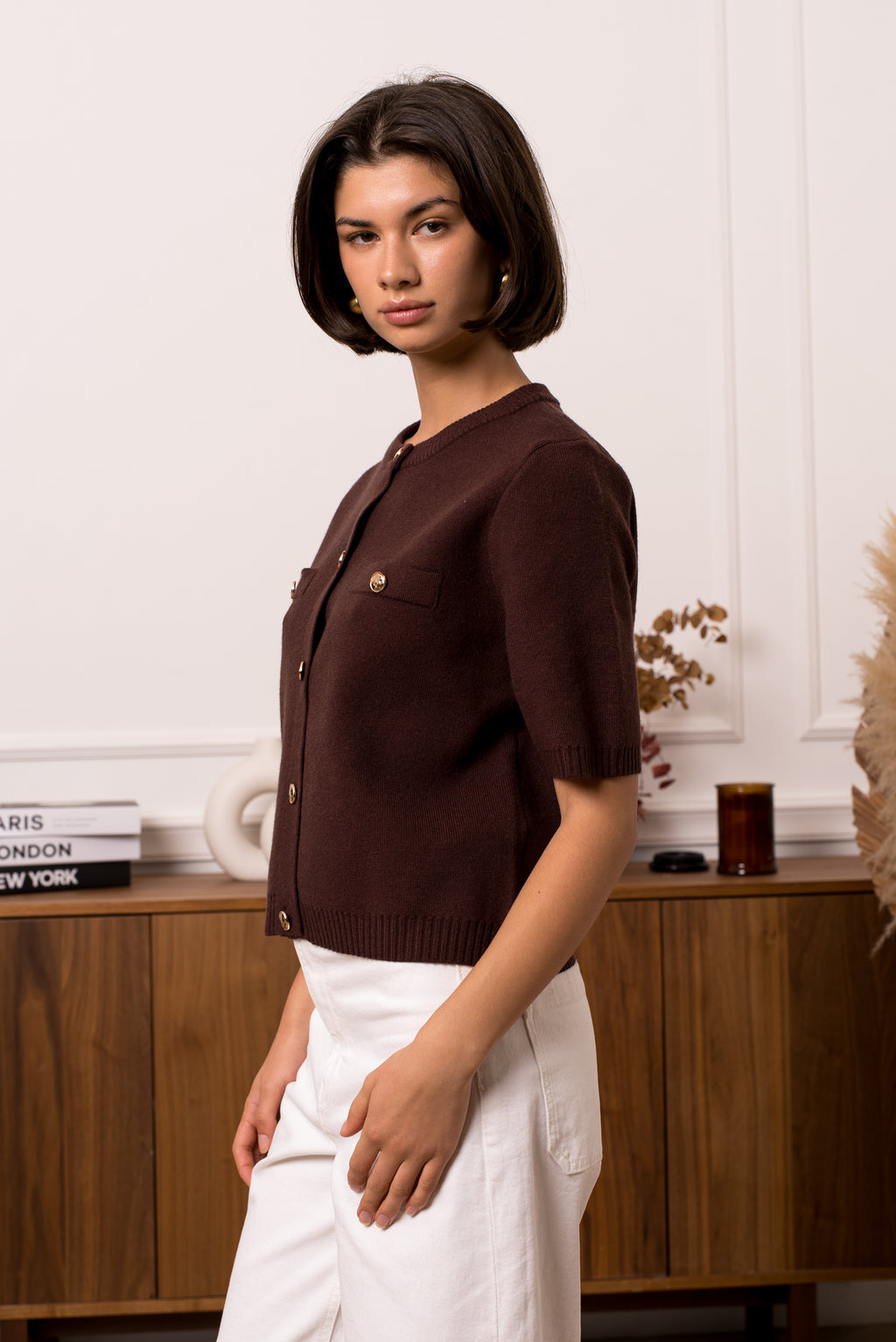 Coffee Buttoned Knit Top