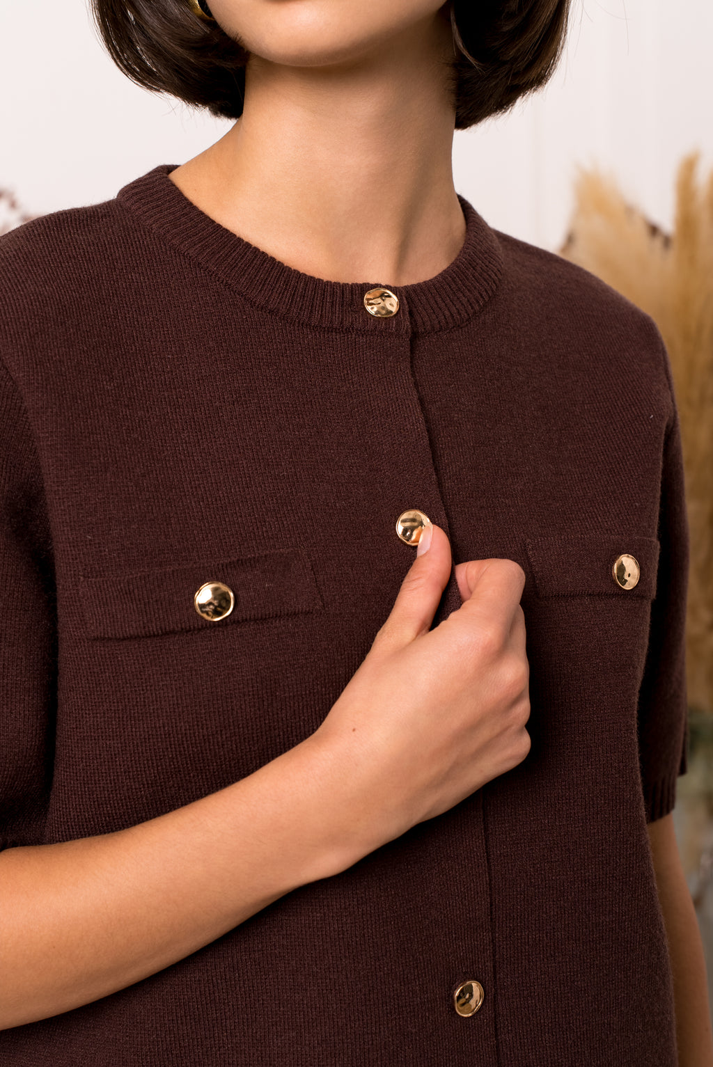 Coffee Buttoned Knit Top