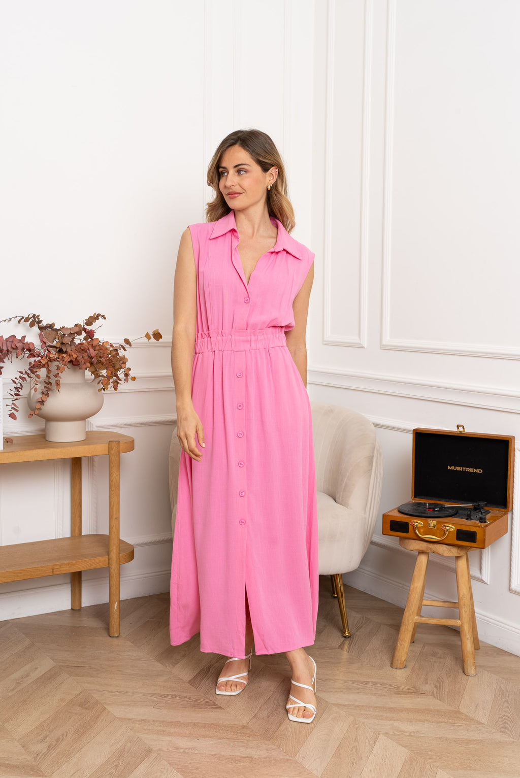 Fuchsia Button Front Midi Dress