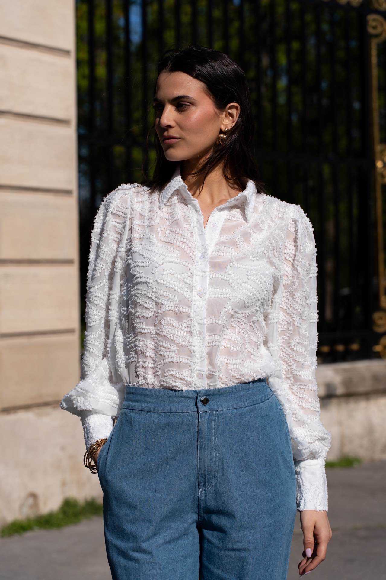 White Textured Sheer Blouse