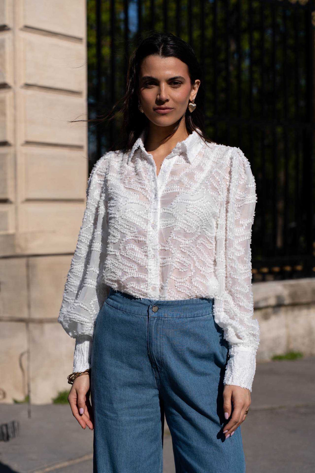 White Textured Sheer Blouse
