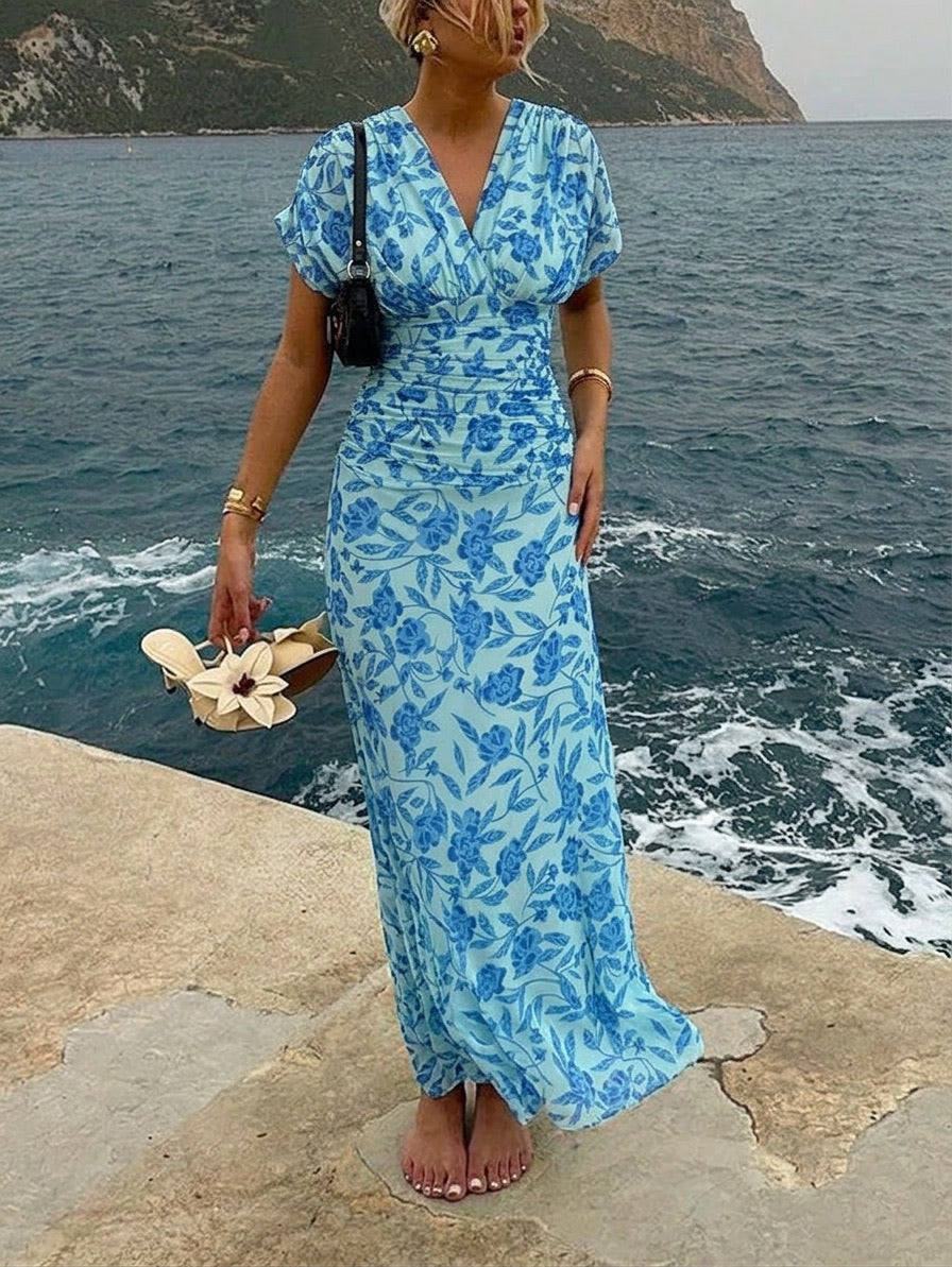 Blue Ruched Floral Dress