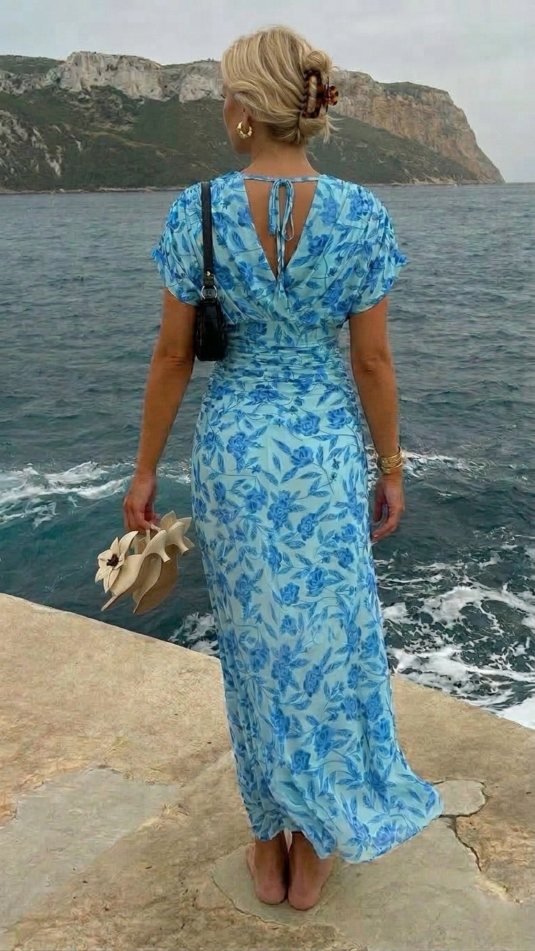 Blue Ruched Floral Dress
