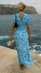 Blue Ruched Floral Dress