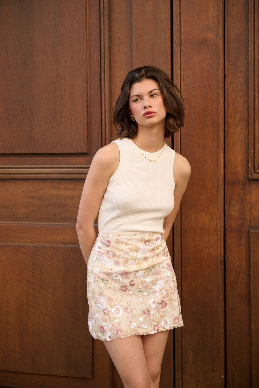 Cream Floral Sequin Mini Skirt
