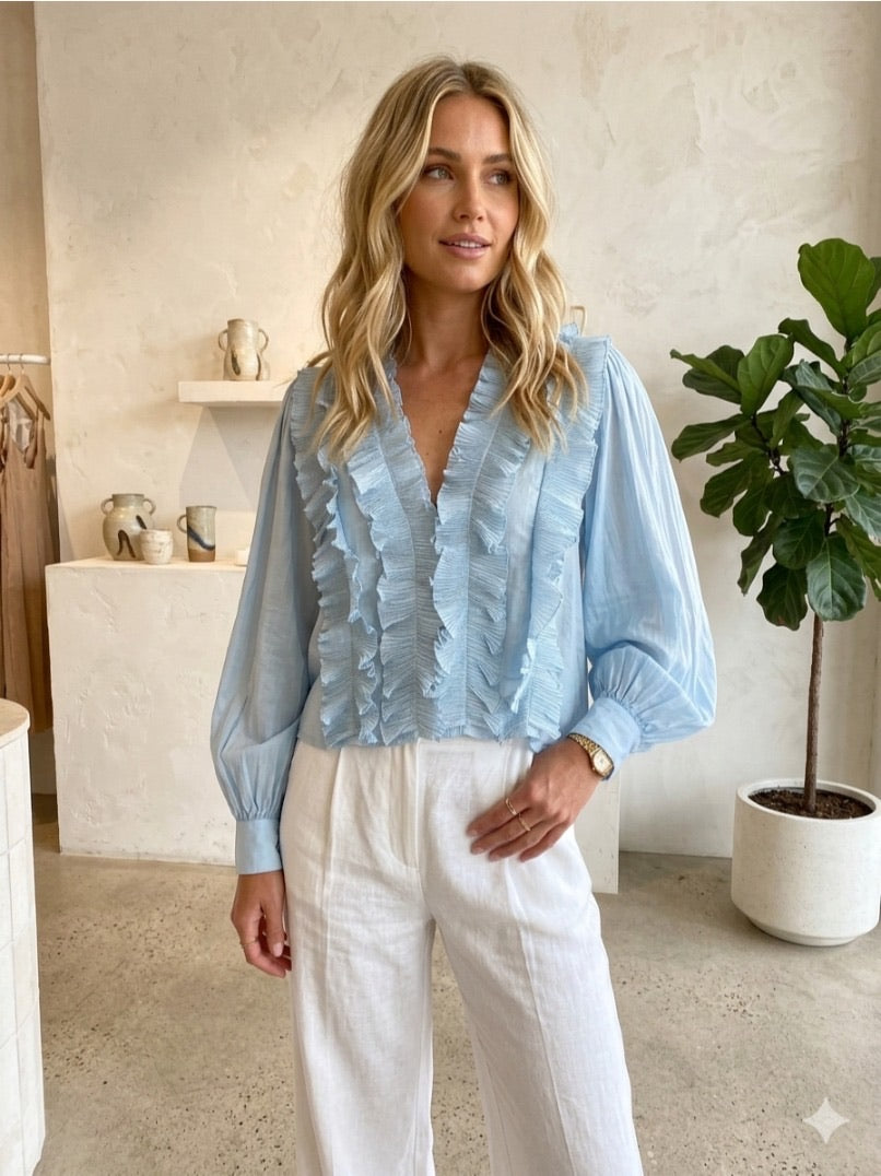 Soft Blue Ruffle Blouse