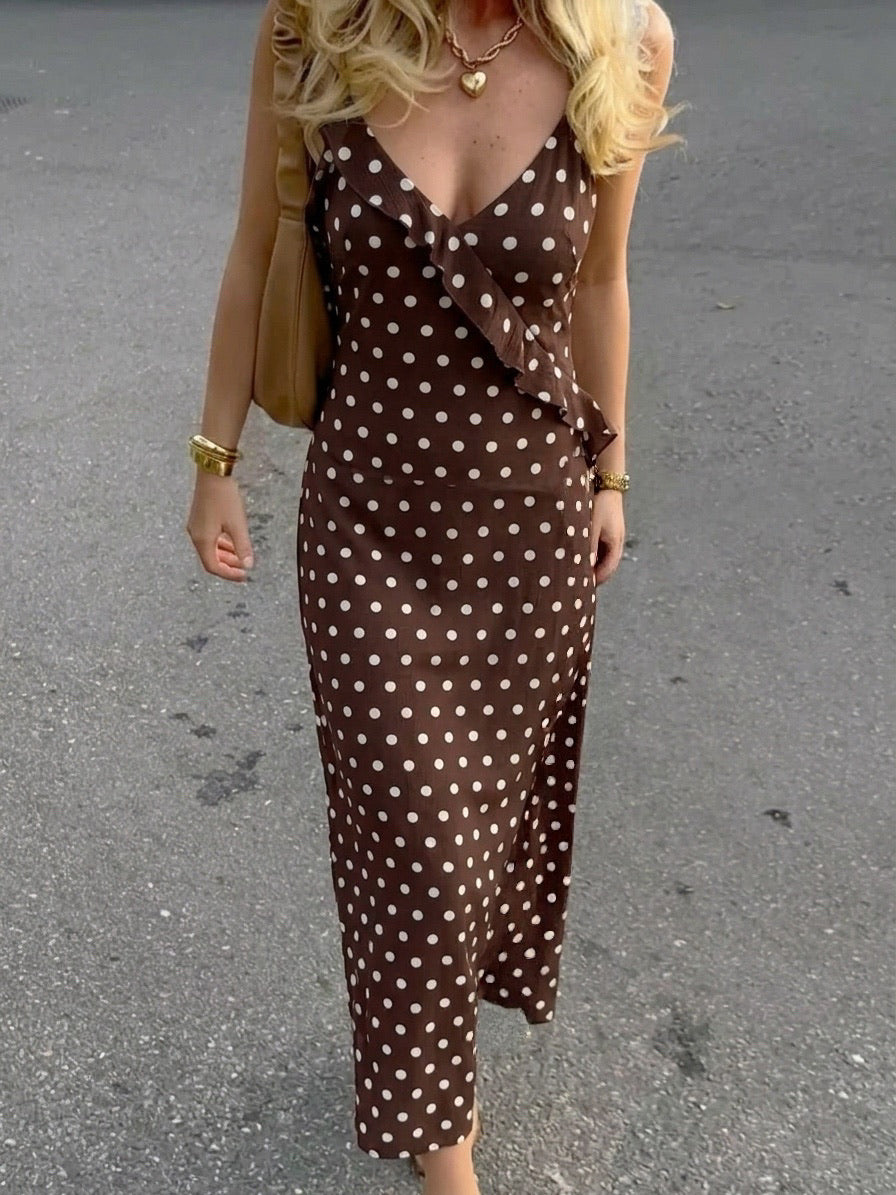 Brown Ruffle Polka Dot Dress