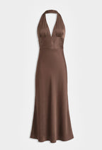 Brown Satin Halter Neck Dress