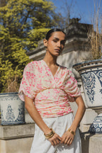 Yellow Floral Draped V Neck Top