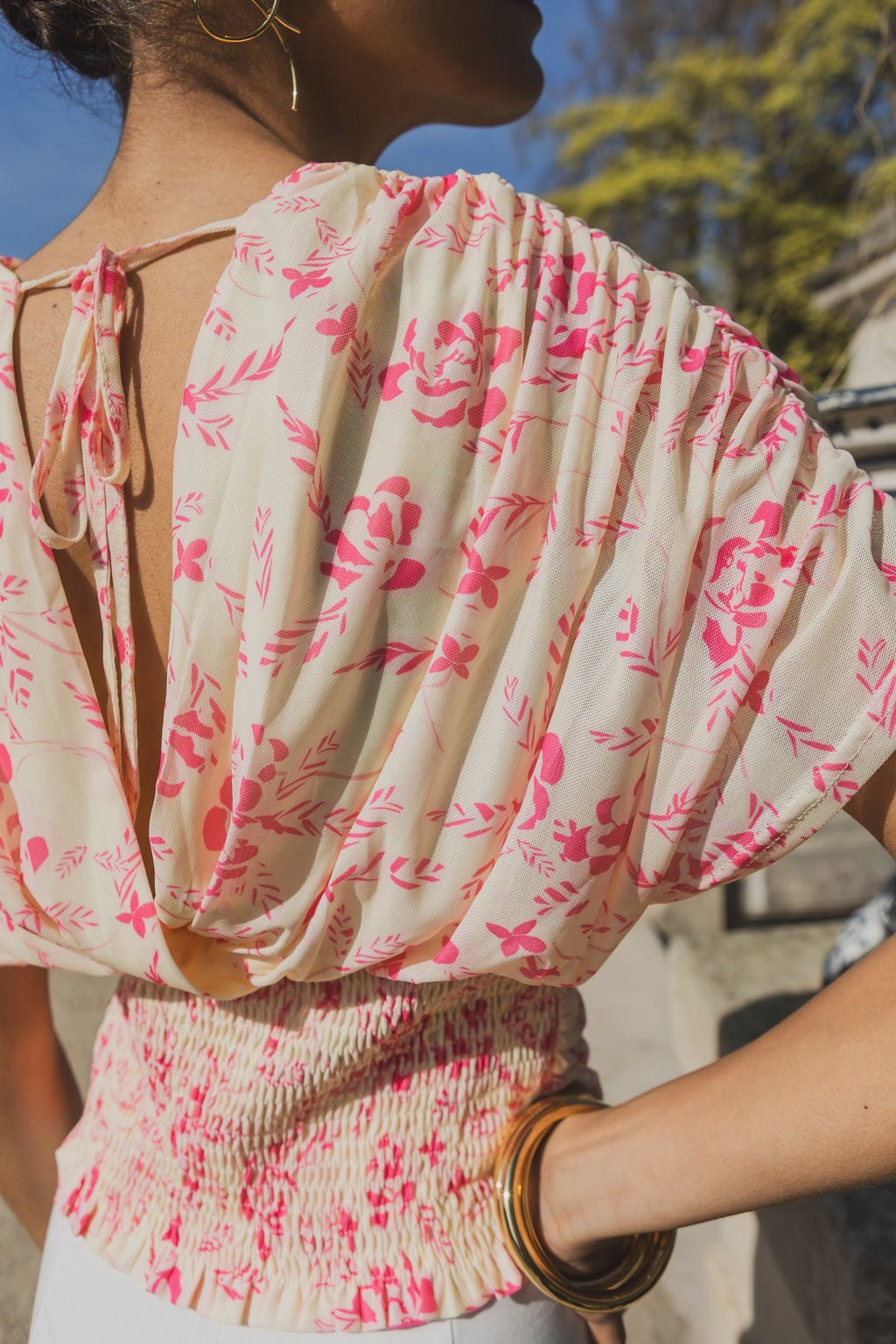Yellow Floral Draped V Neck Top