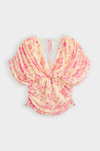 Yellow Floral Draped V Neck Top