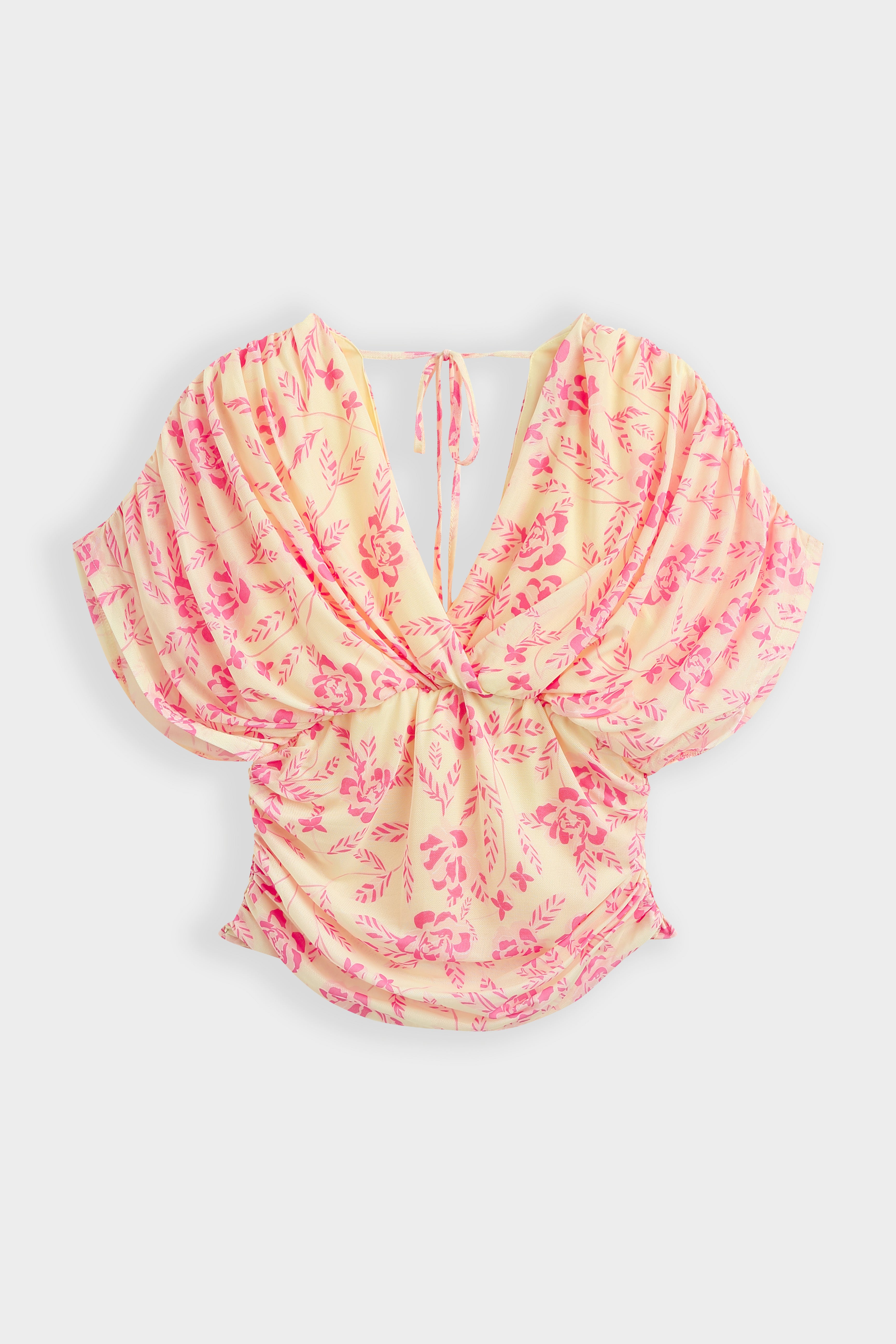 Yellow Floral Draped V Neck Top