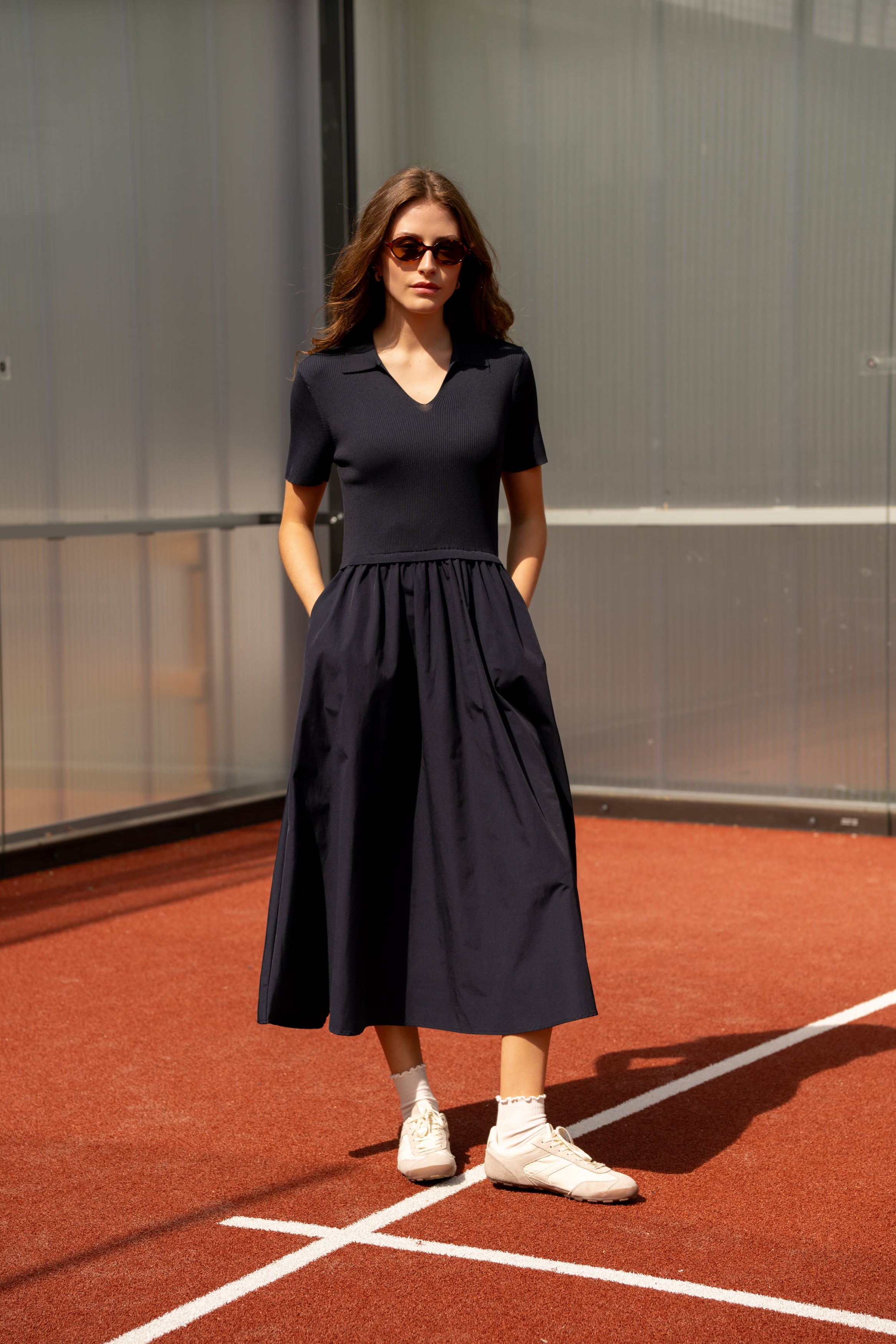 Navy Cap Sleeve Taffeta Dress