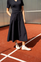Navy Cap Sleeve Taffeta Dress