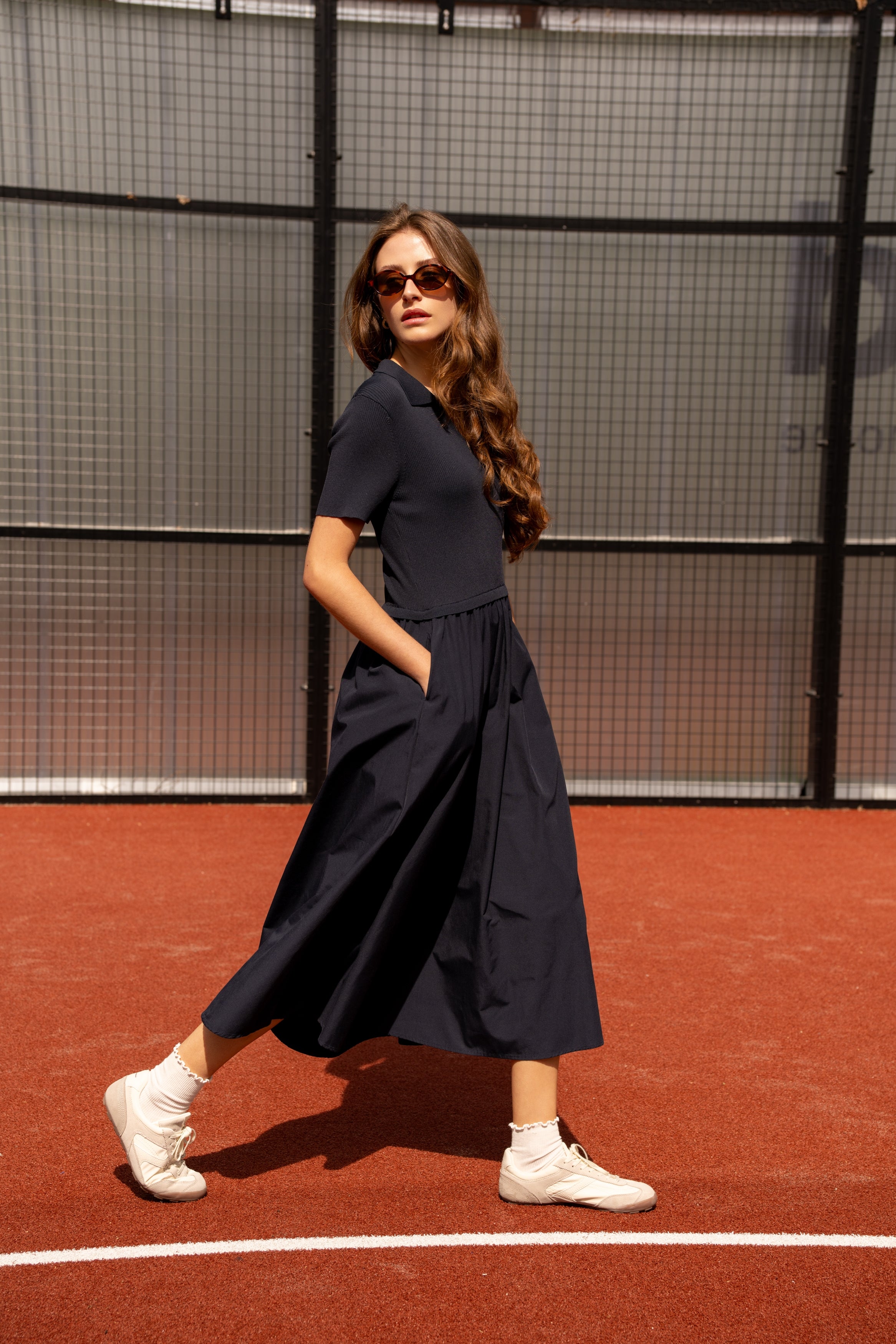 Navy Cap Sleeve Taffeta Dress