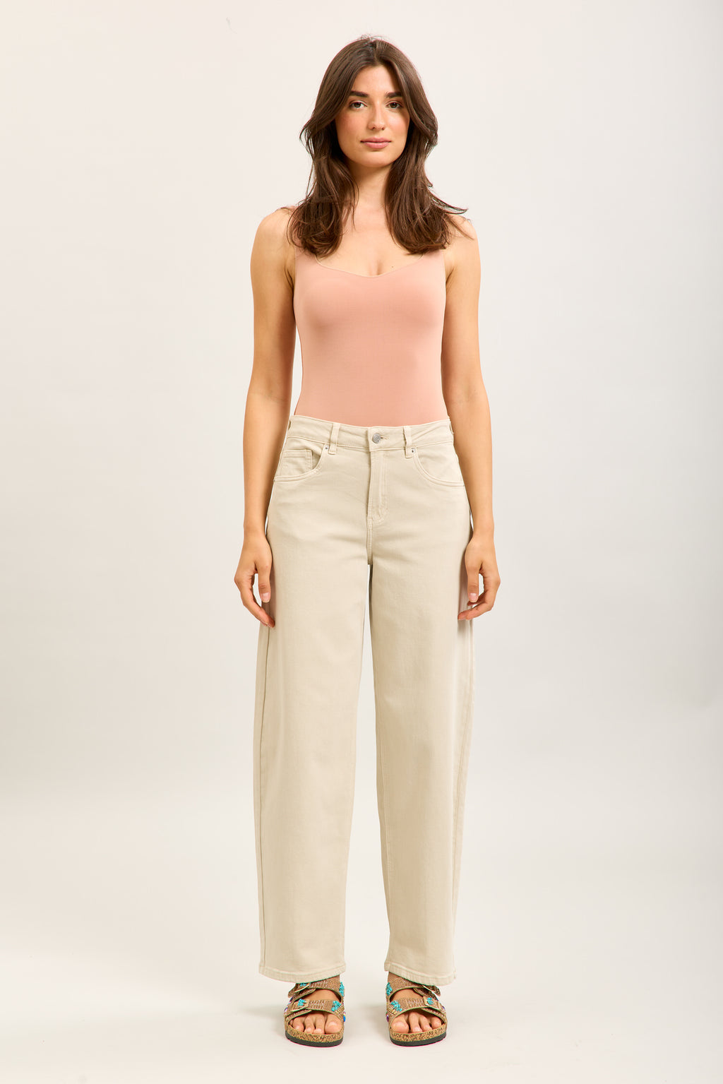Beige Barrel Leg Jeans