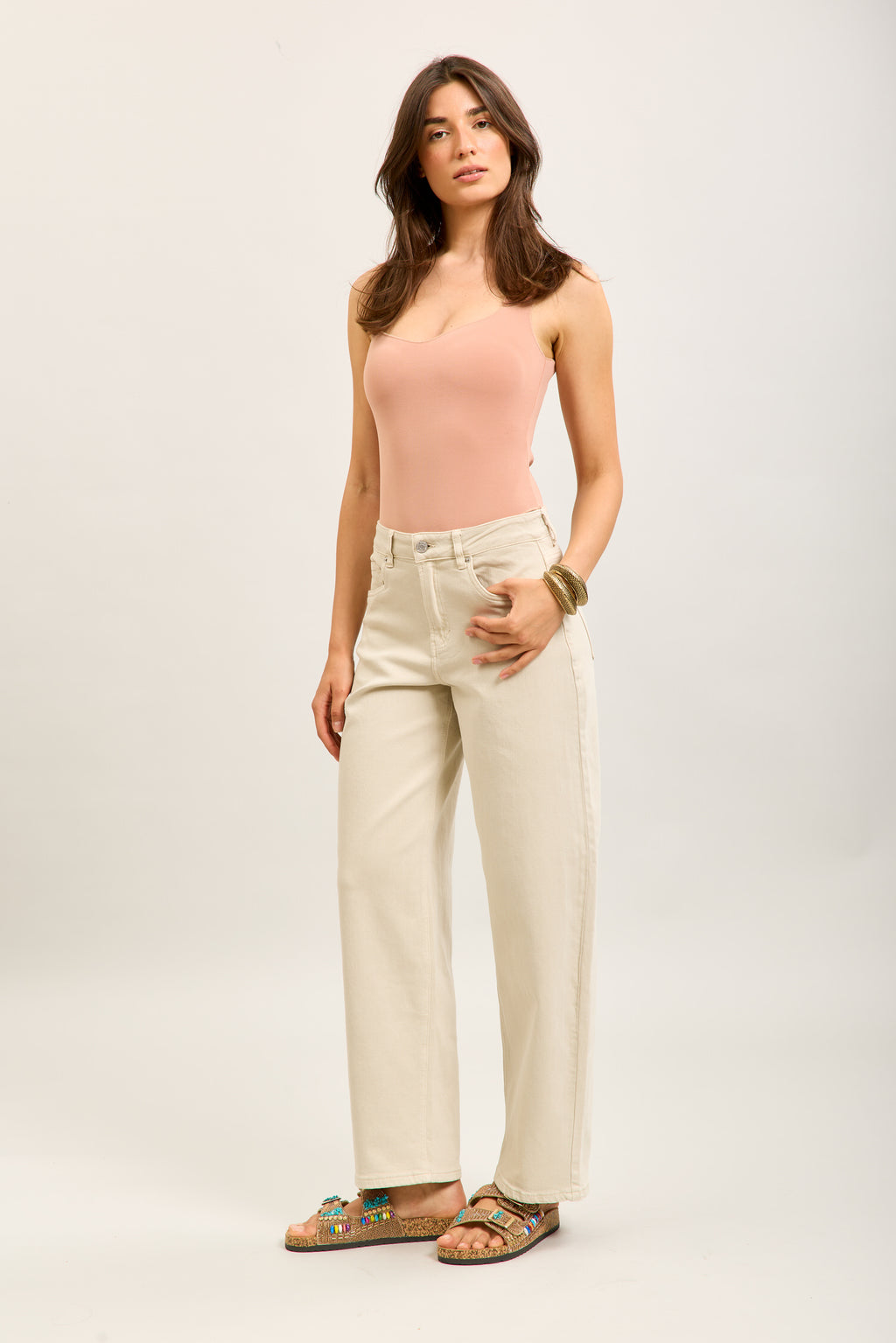 Beige Barrel Leg Jeans