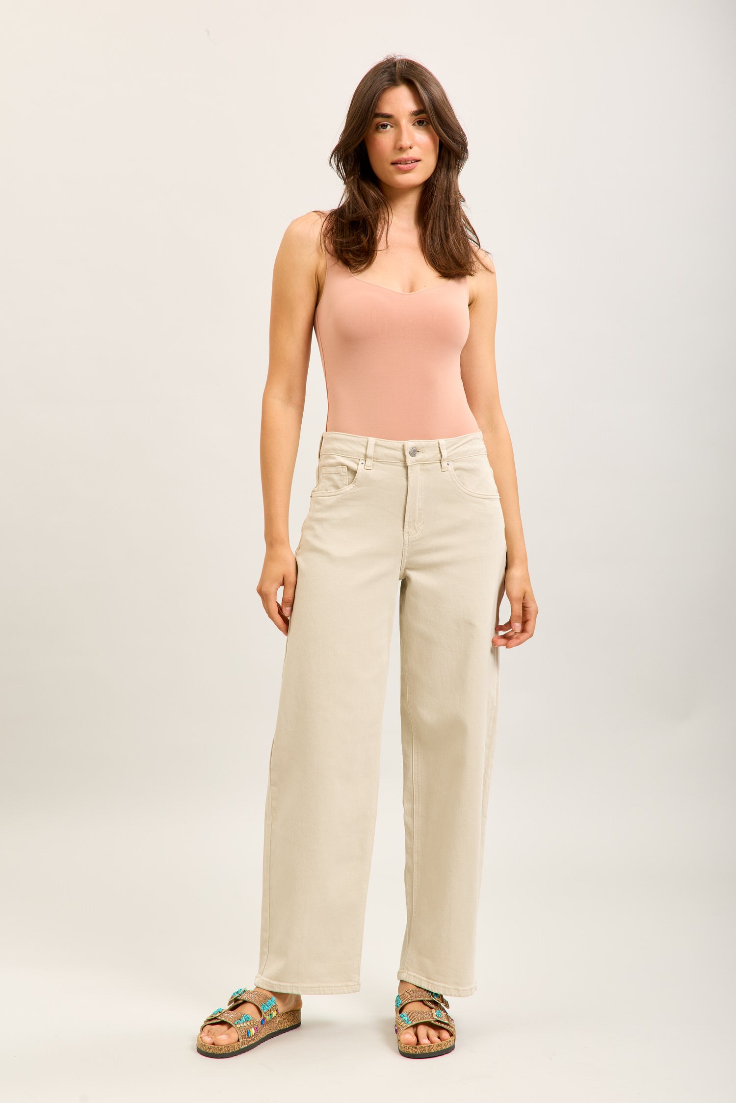 Beige Barrel Leg Jeans