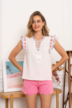 White Embroidered Ruffle Sleeve Top