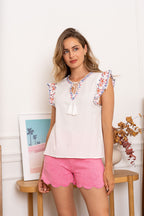 White Embroidered Ruffle Sleeve Top