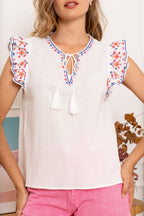 White Embroidered Ruffle Sleeve Top
