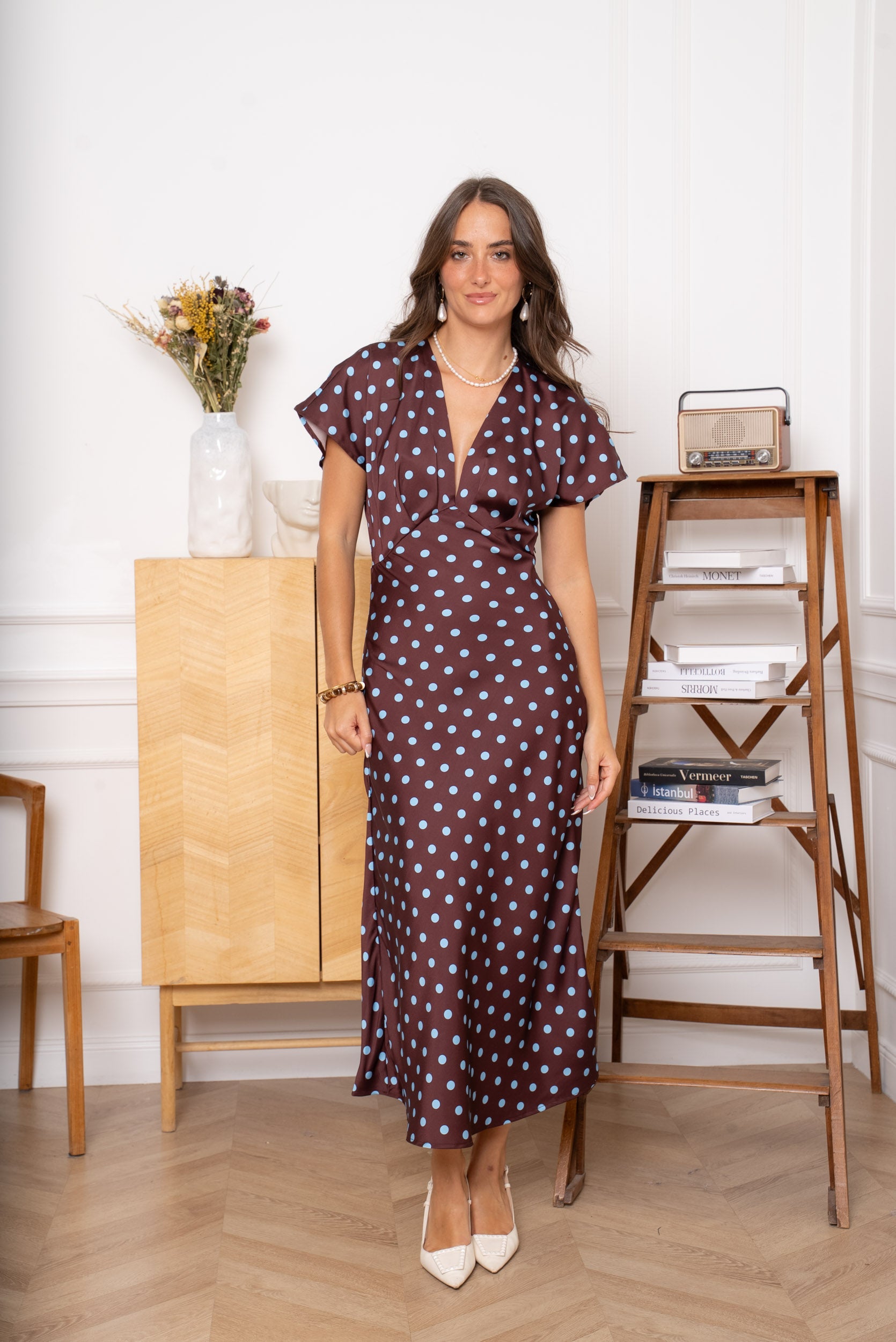 Brown & Blue Polka Dot Ava Maxi Dress