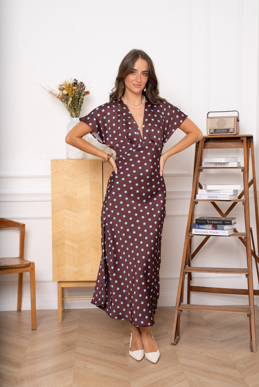 Brown & Blue Polka Dot Ava Maxi Dress