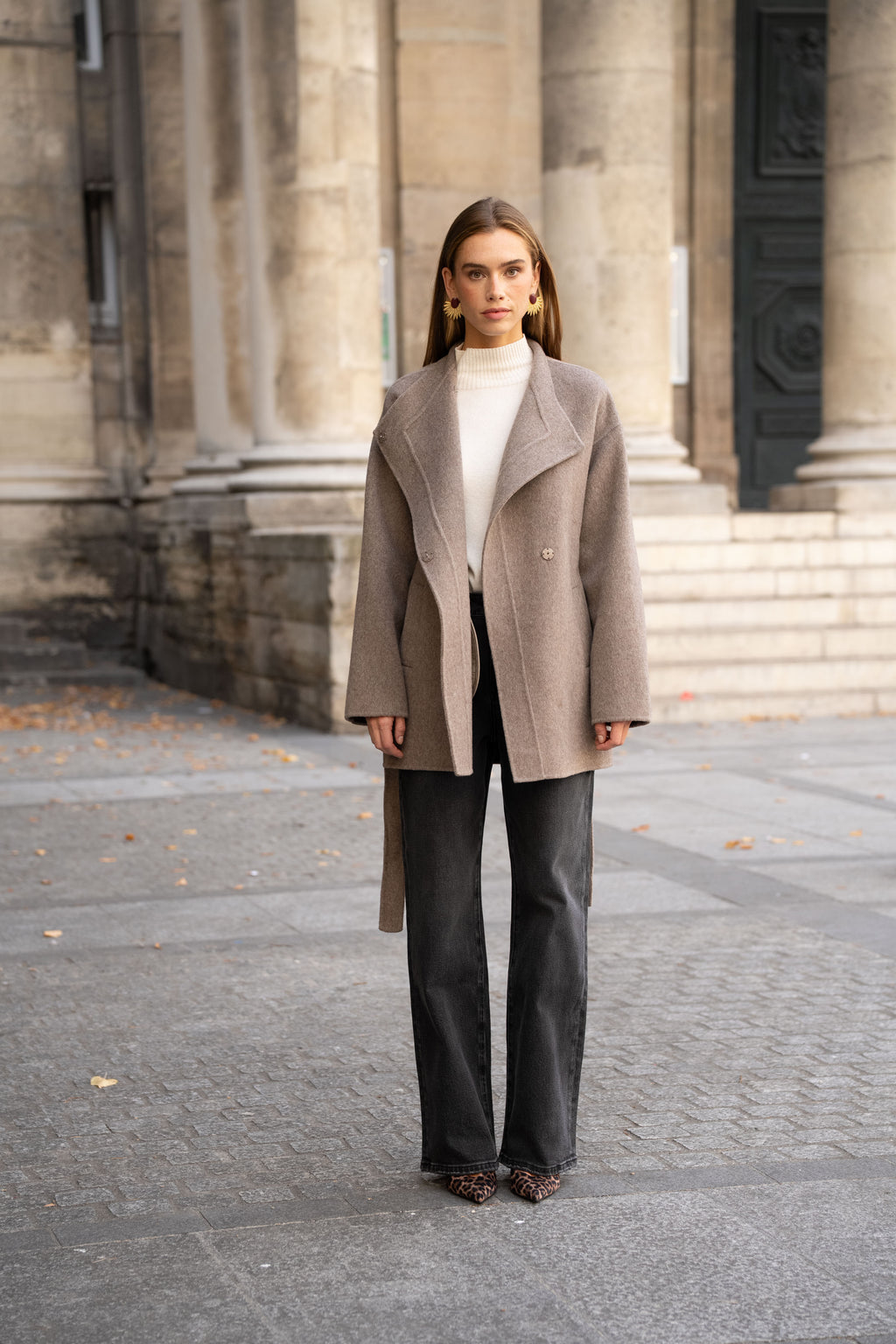 Taupe Belted Wool Coat