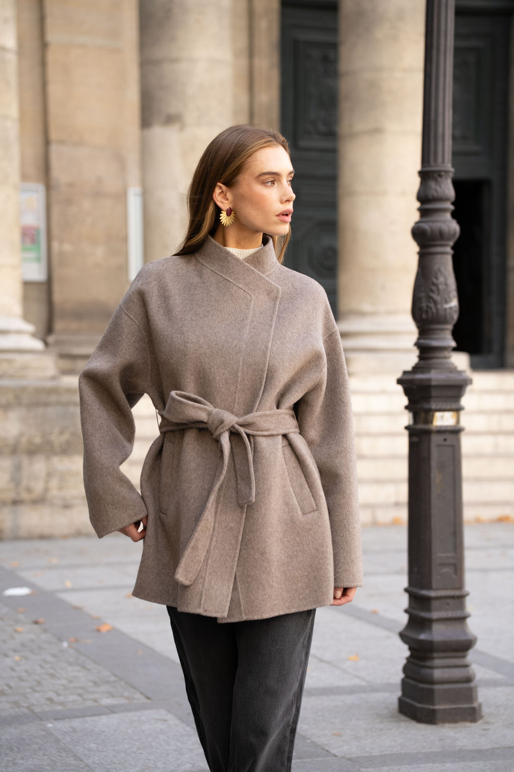 Taupe Belted Wool Coat