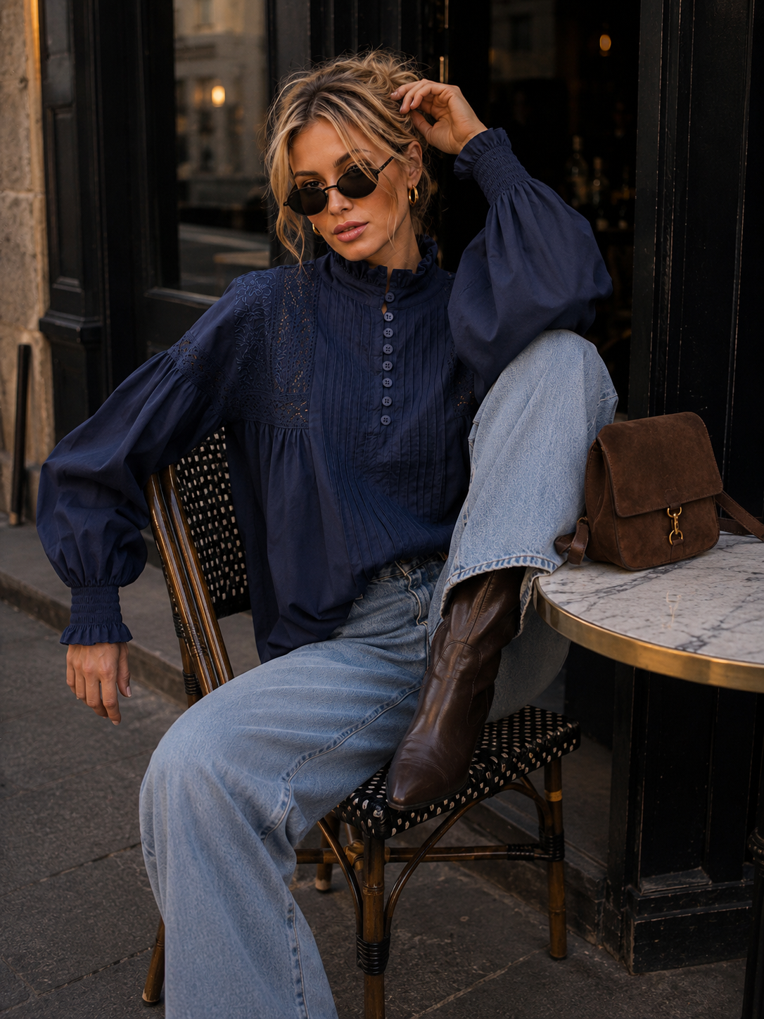 Navy Embroidered & Lace Blouse