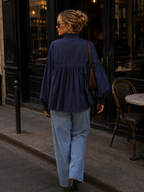 Navy Embroidered & Lace Blouse