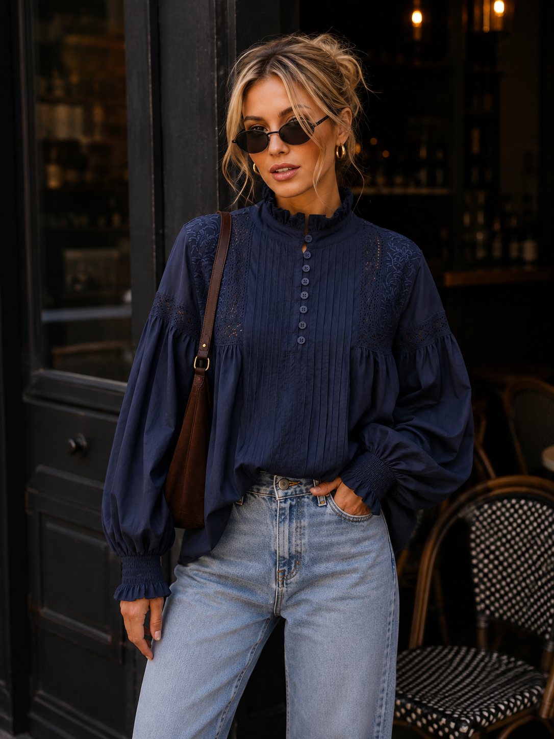 Navy Embroidered & Lace Blouse