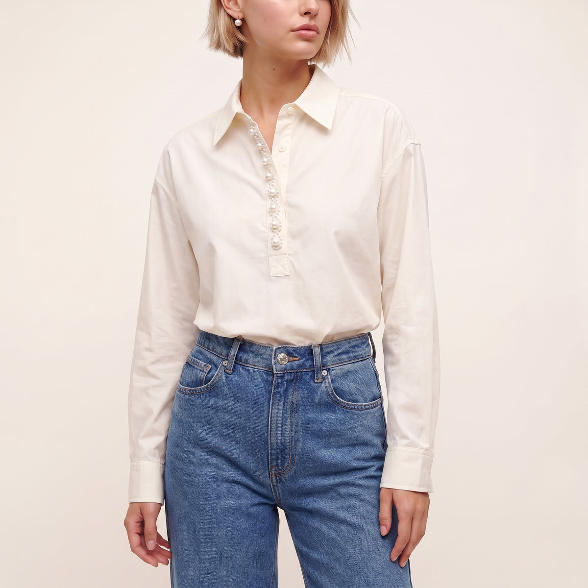 Cream Pearl Embellished Shirt