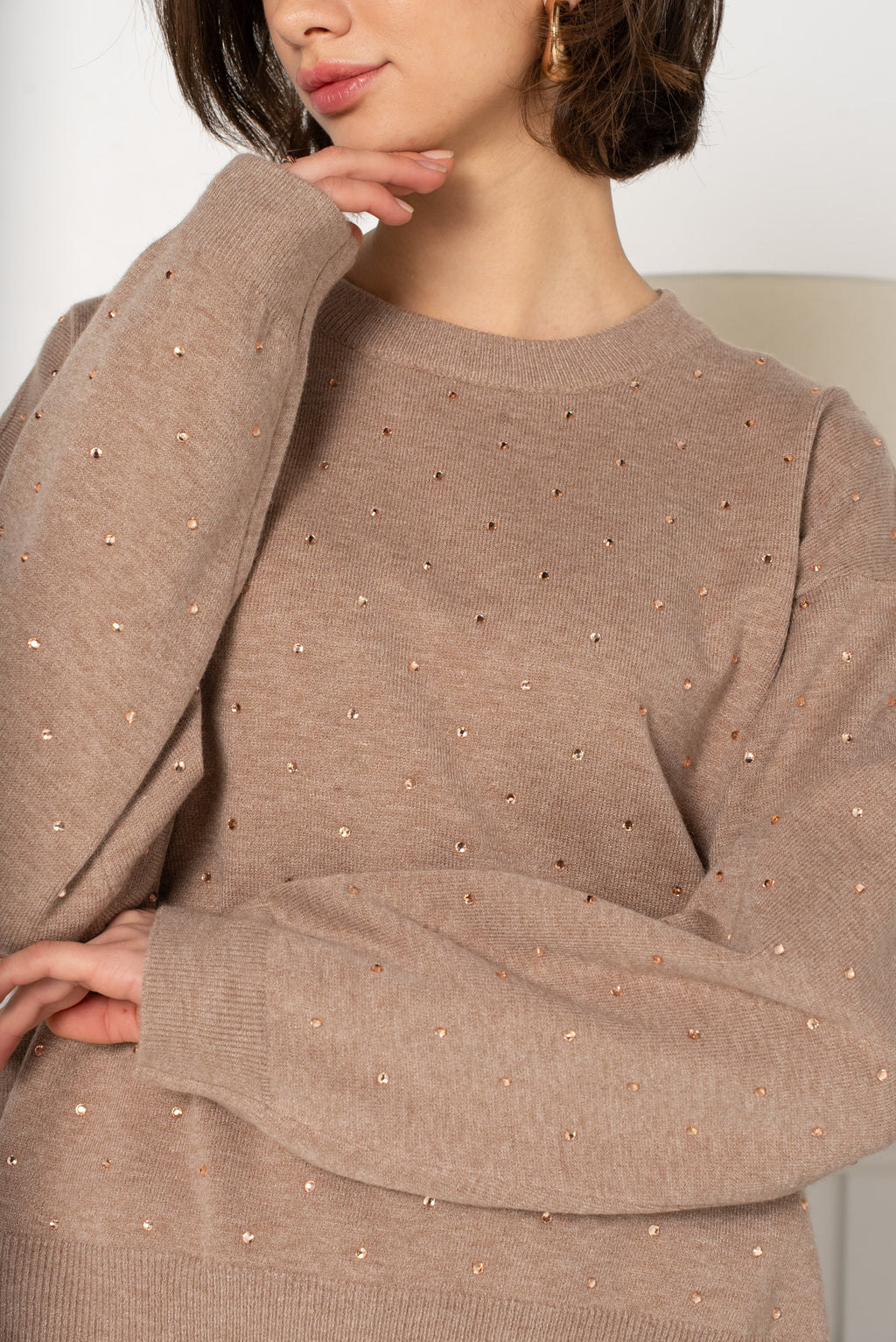 Taupe Embellished Knit Sweater