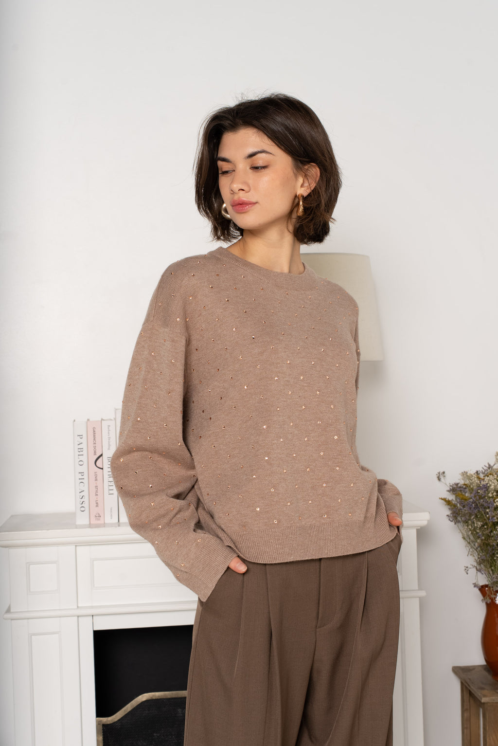 Taupe Embellished Knit Sweater