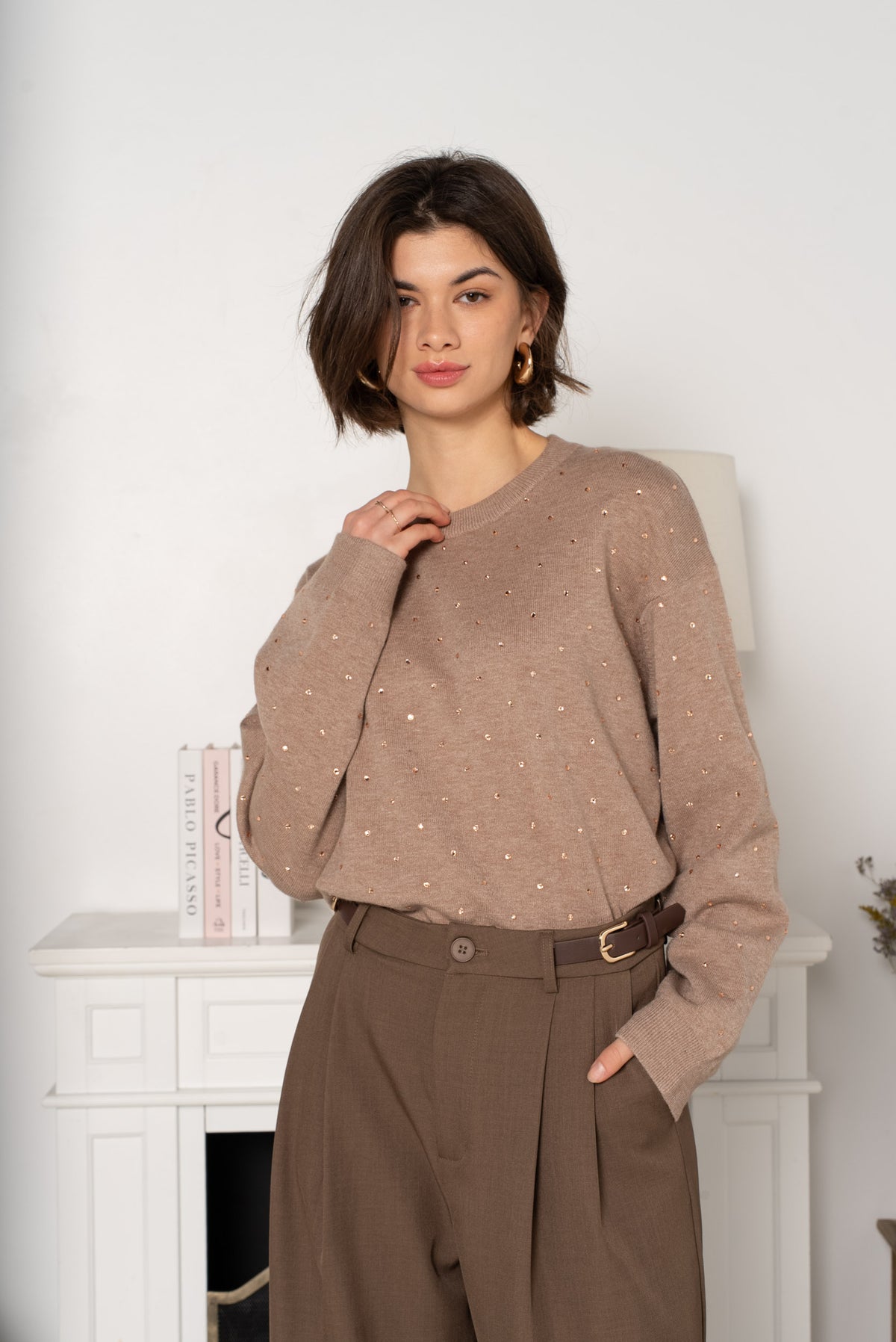 Taupe Embellished Knit Sweater