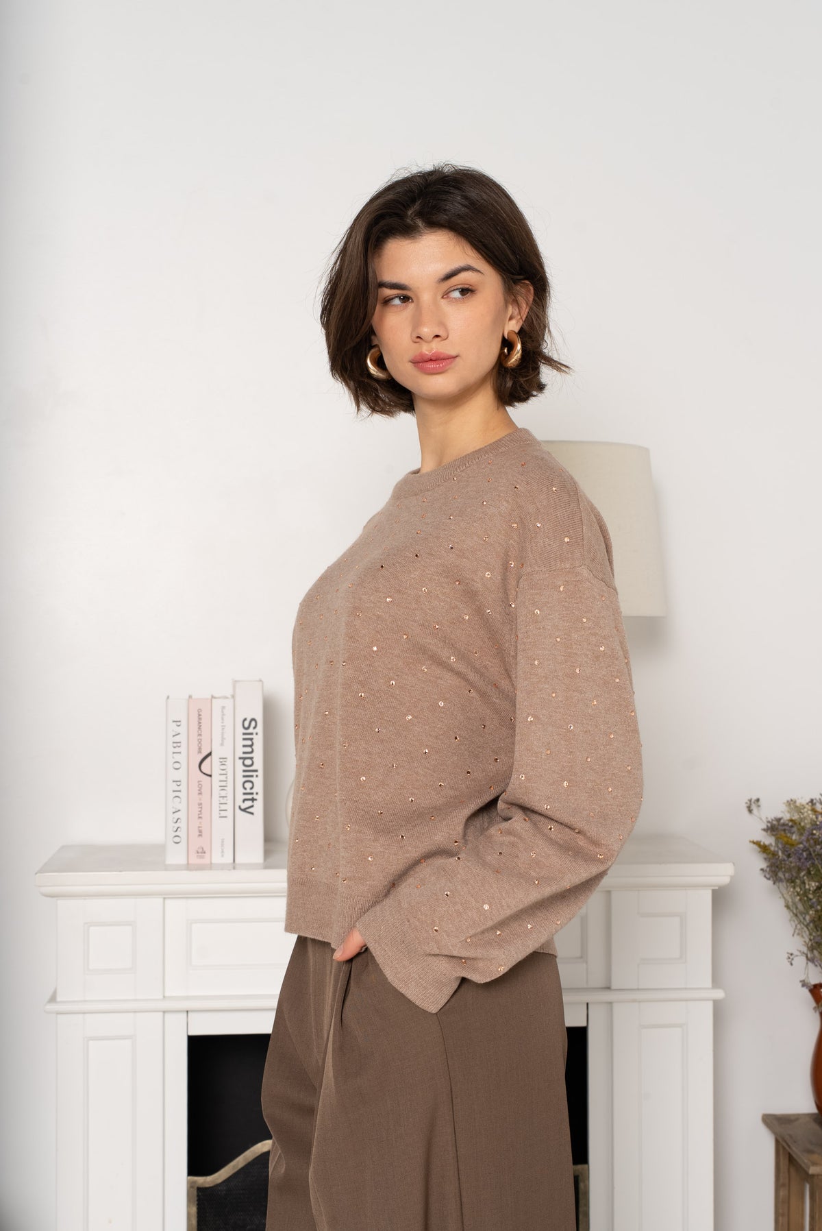Taupe Embellished Knit Sweater