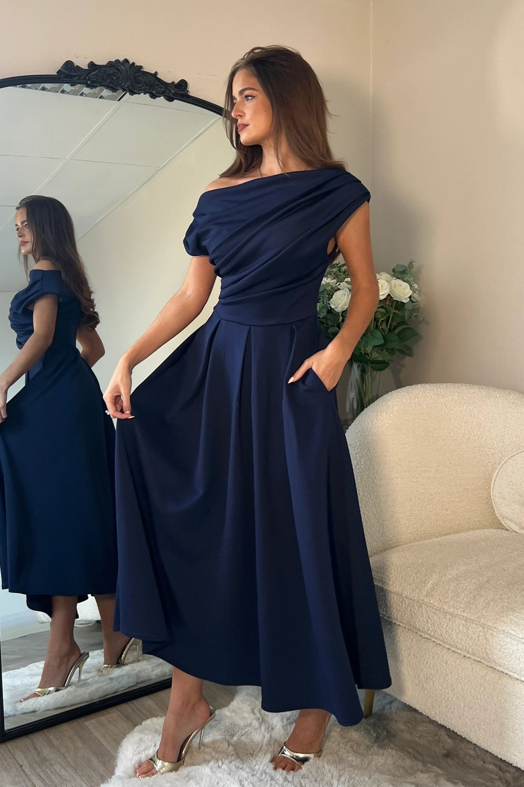 Betty Navy Asymmetric Skater Midi Dress