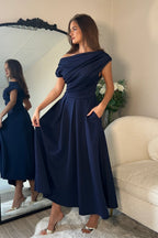 Betty Navy Asymmetric Skater Midi Dress