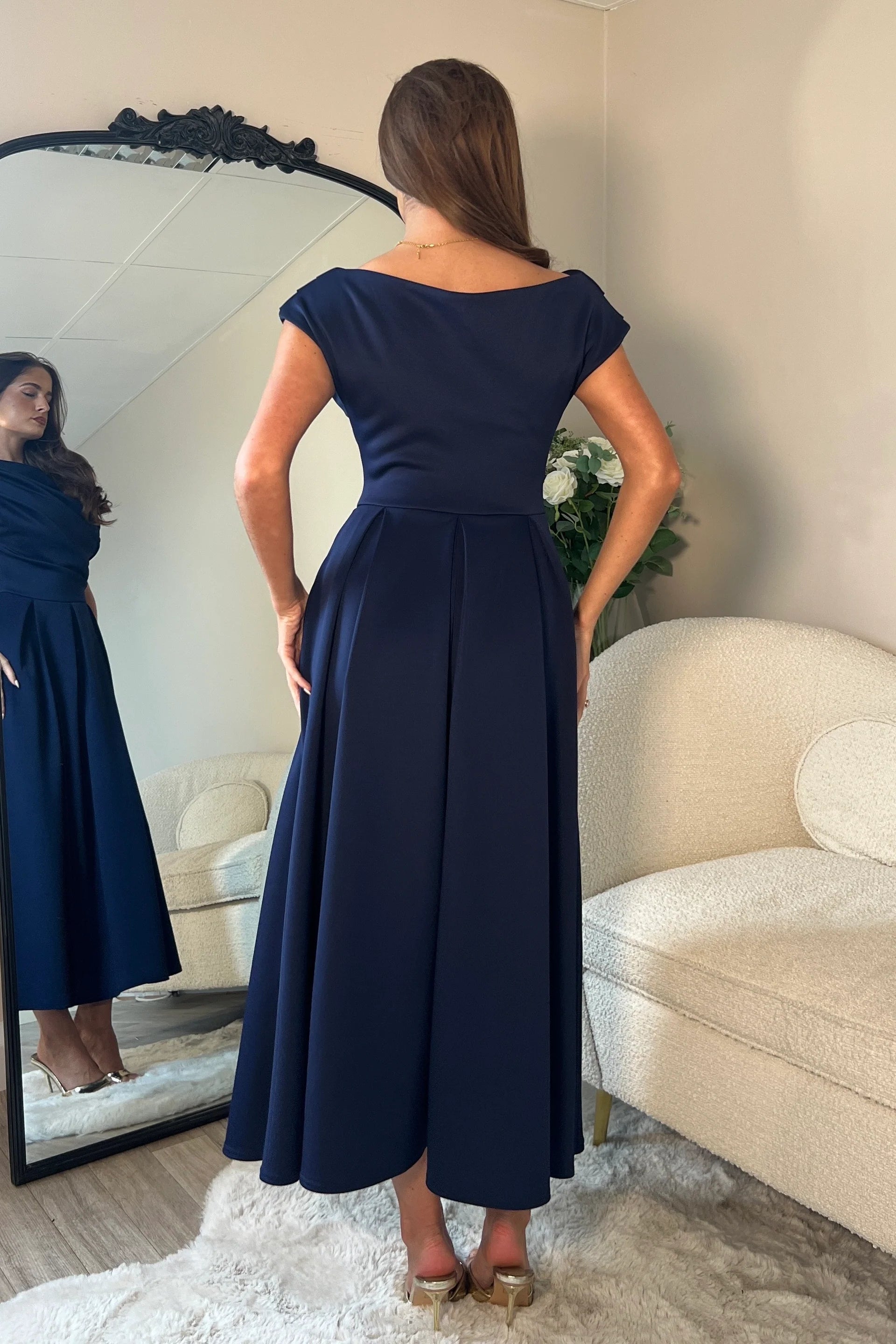 Betty Navy Asymmetric Skater Midi Dress
